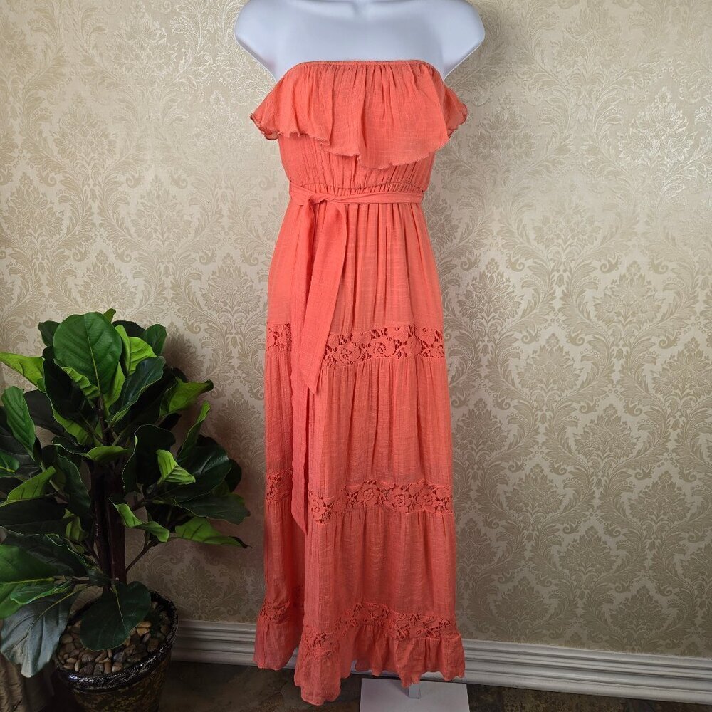 BCX Dress Size XS Bright Coral Gauzy Strapless Maxi Dress Elastic Waist Belt NWT